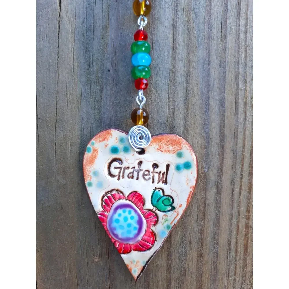 Artisan Beaded Suncatcher Ceramic Heart GRATEFUL Colorful Crystals Floral Mobile